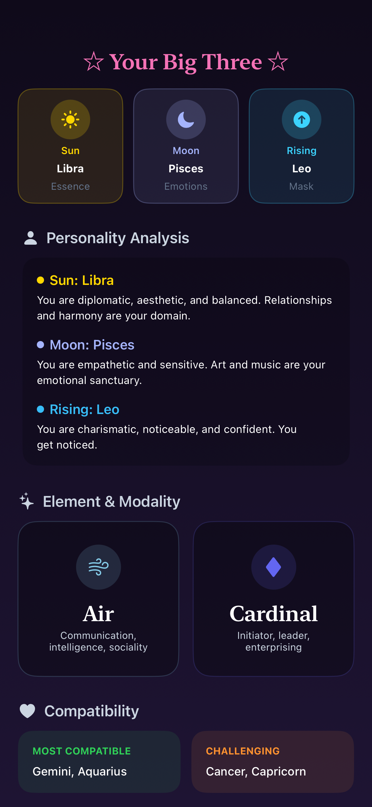 Tasseo big three astrology screen