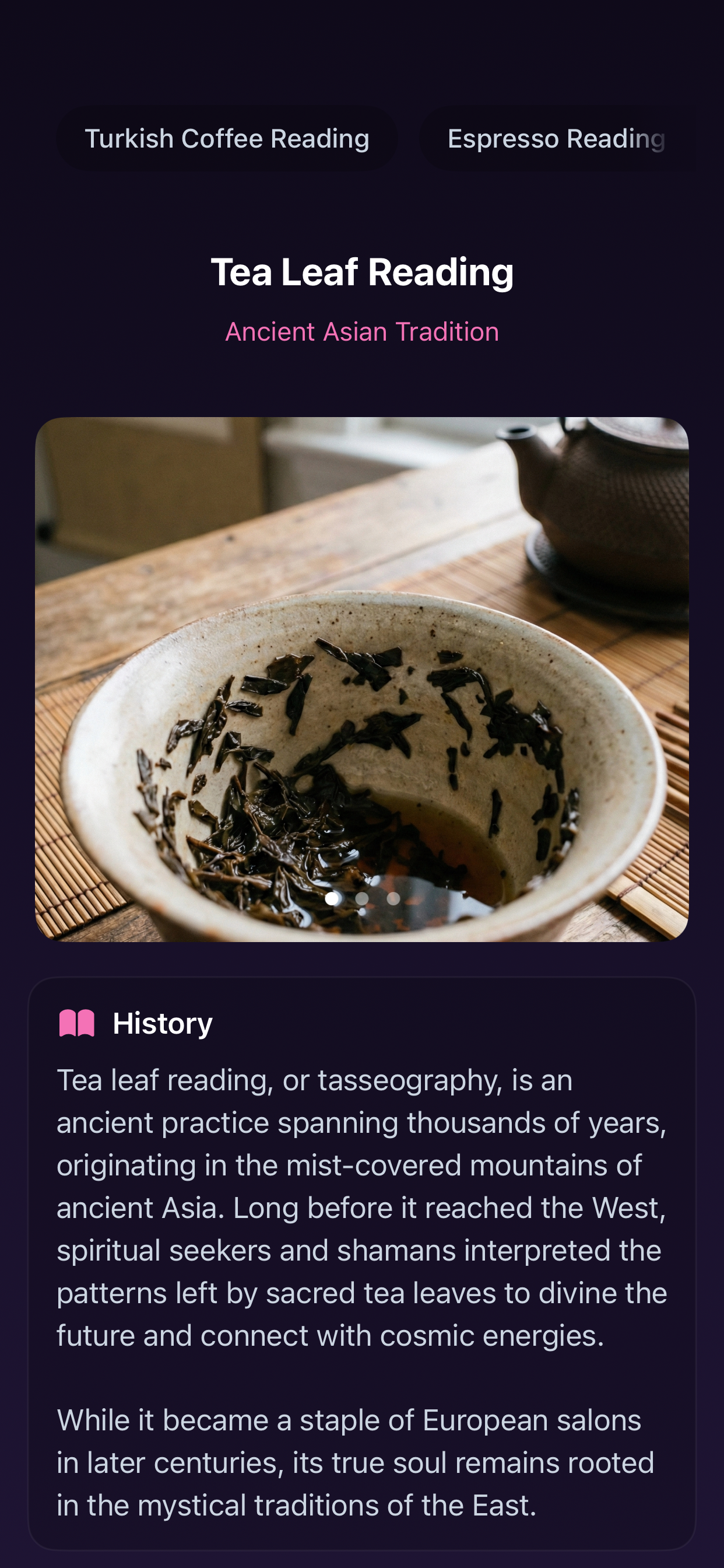 Tea leaf reading guide screen