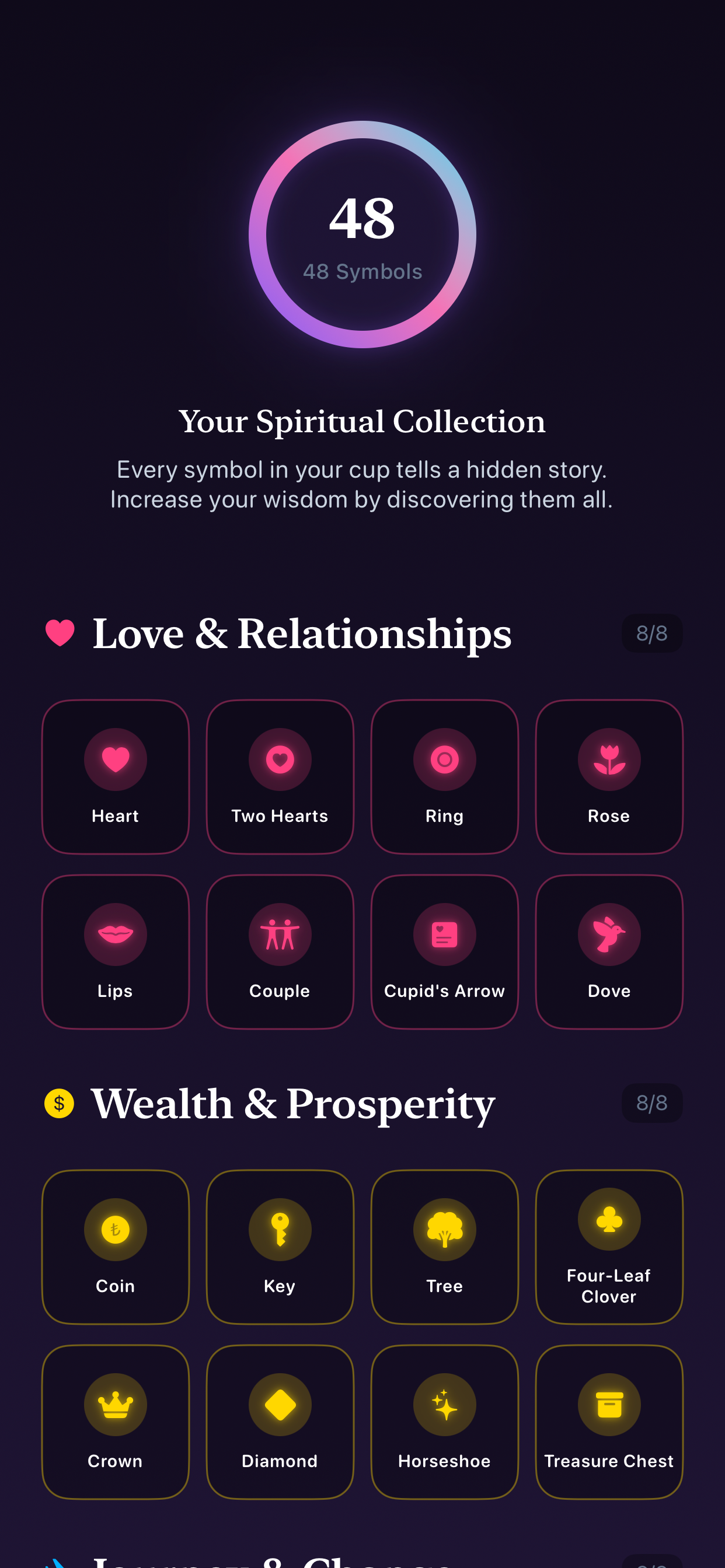 Tasseo symbols collection screen